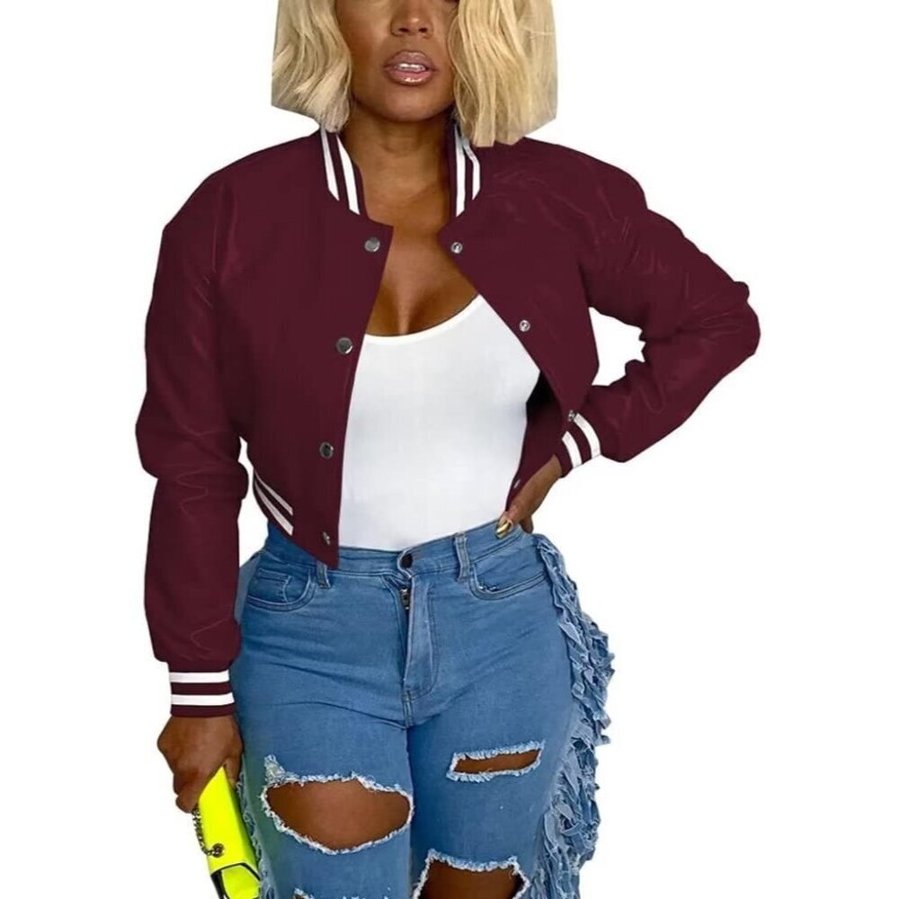 Women Wine Red Varsity Long Sleeve Button Down Bomber Casual Baseball Jacket